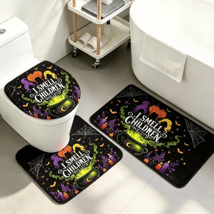 Halloween Witch Bathroom Rug Set, Non-Slip Absorbent Bath Mat with Toilet Lid Cover & U-Shaped Contour Rug, I Smell Children Print