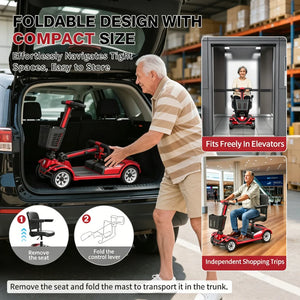 4-Wheel Foldable Mobility Scooter for Adults, Detachable Battery, Adjustable Seat, Anti-Tip Wheels, Puncture-Proof Solid Tires, Red