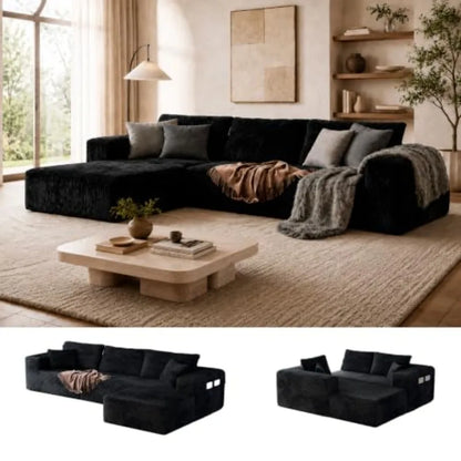 Black L-Shaped Boneless Sectional Sofa – Memory Foam Deep Seat Couch with Fabric Upholstery for Living Room
