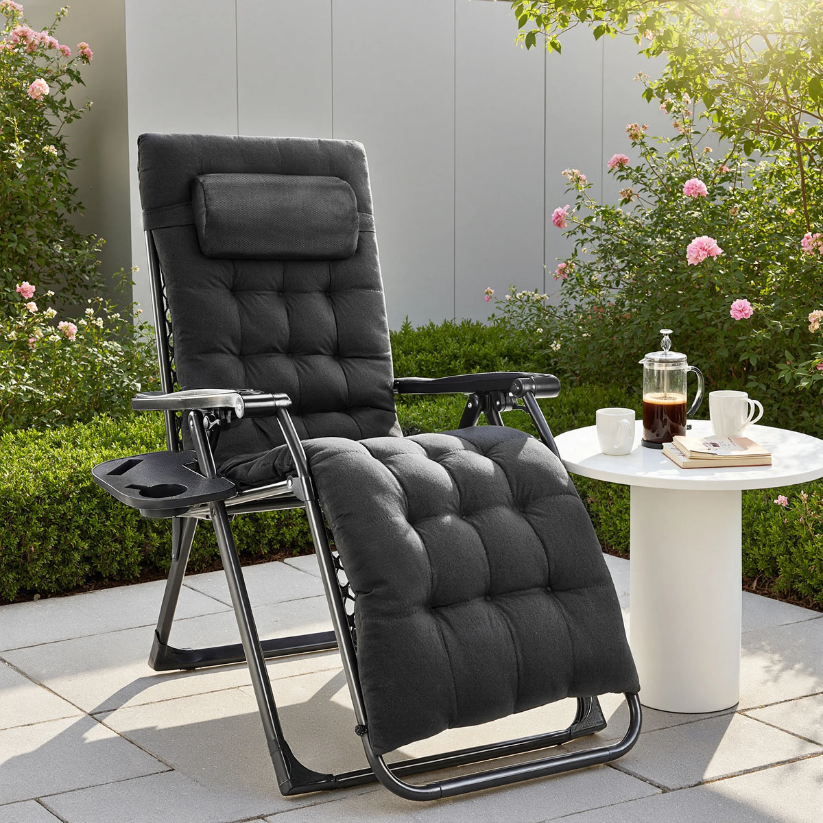 Zero Gravity Reclining Lounge Chair – Portable Folding Outdoor Chair with Removable Cushion & Cup Holder Tray