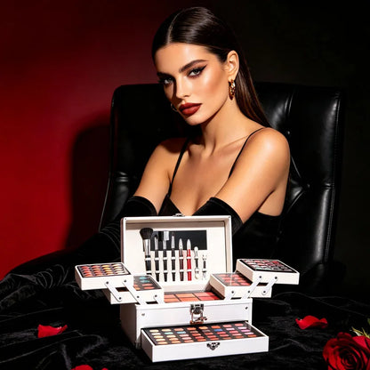 All-in-One Makeup Kit with Mirror, Makeup Tools, Lipstick, Eyeshadow & Blush, Silver Carry Case