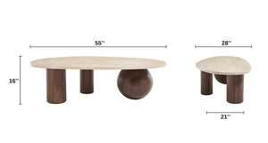 55" Modern Oval Coffee Table with Faux Marble Beige Top & 3 Walnut Wood Accent Legs