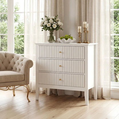 31.5" Fluted Nightstand with Charging Station & 3 Drawers, Raised-Leg Bedside Storage Cabinet for Bedroom & Living Room
