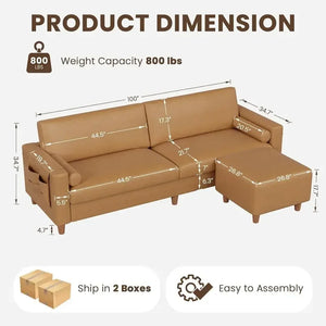 100-Inch Faux Leather L-Shaped Sofa – Large 2-Seater PU Leather Couch with Movable Ottoman & Side Pocket