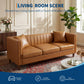 81-Inch Cognac Tan Faux Leather Sofa – Mid-Century Modern 3-Seater Deep Seat Couch with Wood Frame for Living Room & Apartment
