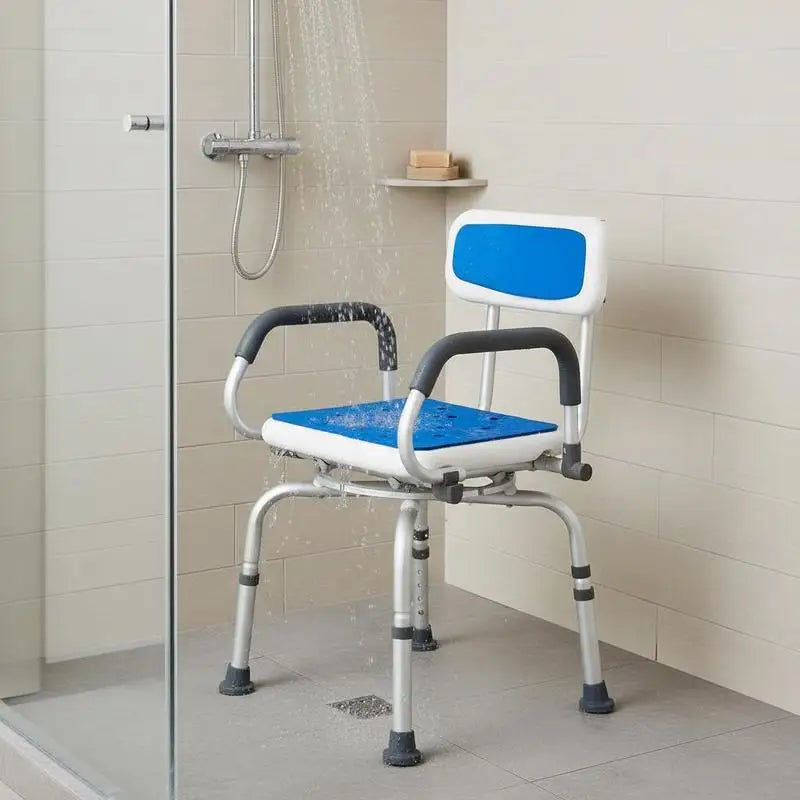 360° Rotating Shower Stool with Padded Seat & Foldable Arms – Height Adjustable Aluminum Bath Chair, 400 lb Capacity