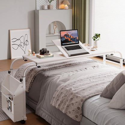 60.6–84.2 Inch Adjustable Overbed Table with Wheels, Mobile Rolling Laptop Desk with 0–65° Tilting Stand for Home & Hospital