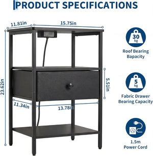 3-Tier Nightstand with Charging Station & Fabric Drawer, Steel Frame Bedside Table with Open Storage Shelves for Bedroom & Living Room