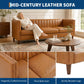 81-Inch Cognac Tan Faux Leather Sofa – Mid-Century Modern 3-Seater Deep Seat Couch with Wood Frame for Living Room & Apartment