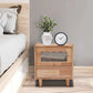 2-Tier Rubberwood Bedside Nightstand with Drawer, Glass Storage Cabinet, Flip-Top Door & Anti-Slip Feet for Bedroom & Living Room