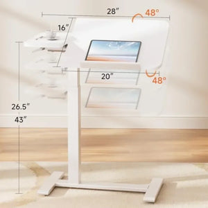 Pneumatic Overbed Bedside Table, Height Adjustable Aluminum Alloy Rolling Table with Casters, White, for Hospital & Home Use