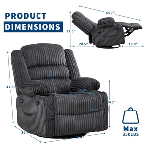 360° Swivel Rocking Recliner Chair with Cup Holder, Oversized Corduroy Glider Lounge Chair for Living Room & Nursery