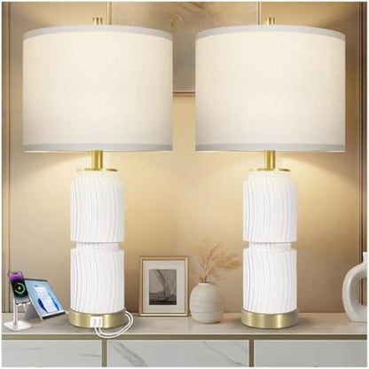 27-Inch Faux Stone Boho Table Lamps Set of 2 with USB-A and USB-C Ports, Rustic Bedside Lamps for Bedroom and Living Room