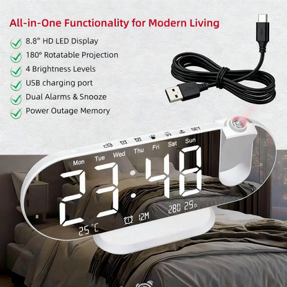 8.8-Inch LED Projection Alarm Clock with 180° Projector, Mirror Display, Dual Alarms, Snooze, Temperature & USB Charging