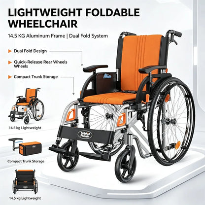 Lightweight Foldable Manual Wheelchair – Steel Frame with Flip-Up Armrests & Quick-Release Leg Rests for Travel