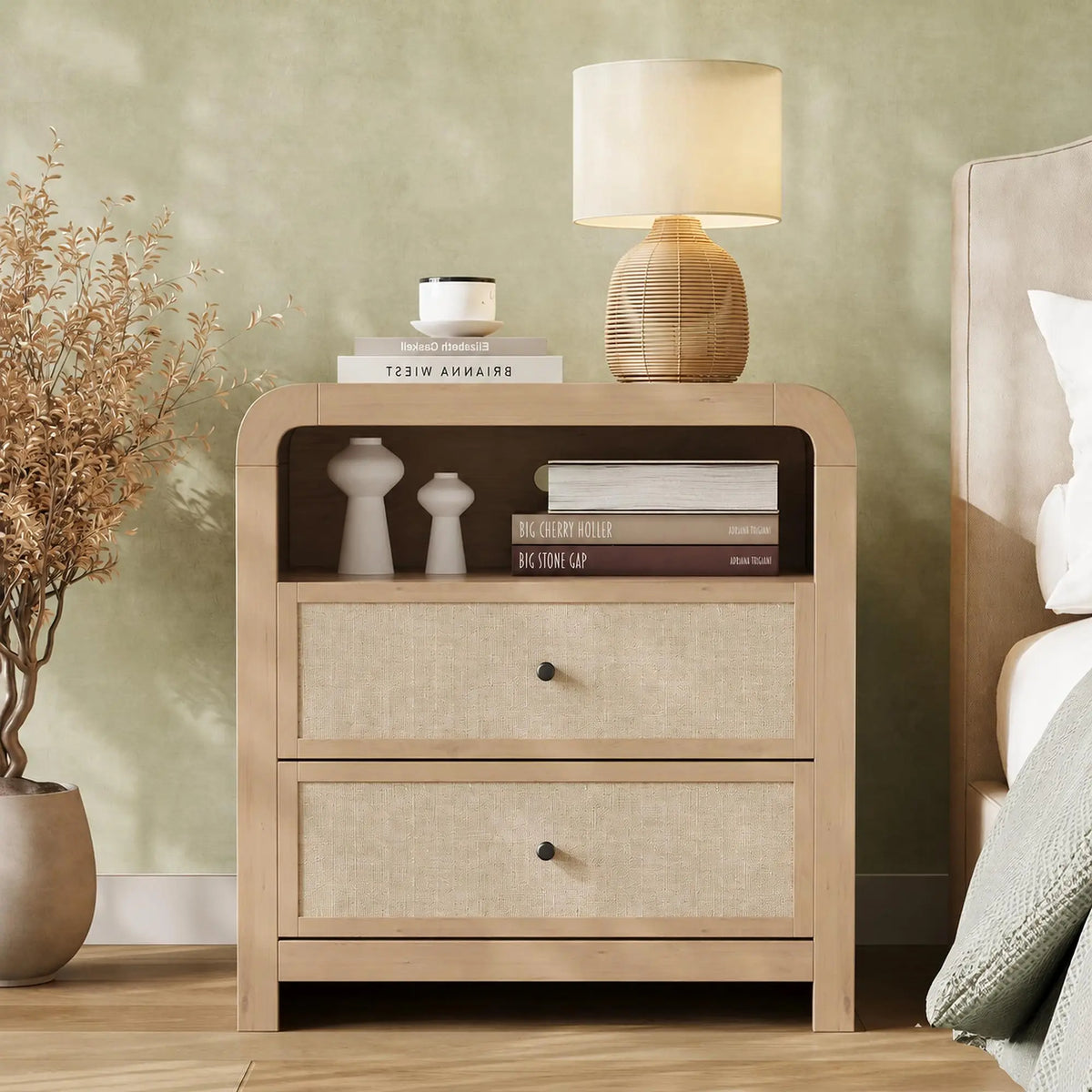 23" Wide Nightstand with Charging Station, 2 Drawers, 2 AC Outlets & 2 USB Ports, Narrow Bedside Table for Bedroom & Living Room