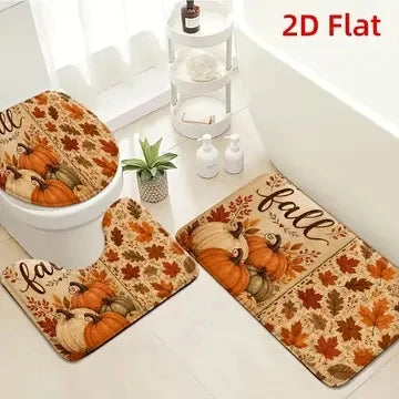Fall Thanksgiving Bathroom Rug Set, Non-Slip Absorbent Bath Mat with Pumpkin & Maple Leaf Design, Toilet Lid Cover