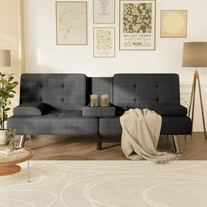 Convertible Futon Sofa Bed – Adjustable Reclining Sleeper Couch with Removable Armrests & Dual Cup Holders for Living Room