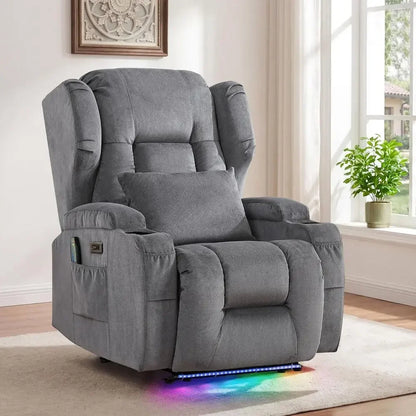 Massage & Heat Recliner Chair with LED Lights, Cup Holders & USB Ports, Upholstered Home Theater Chair