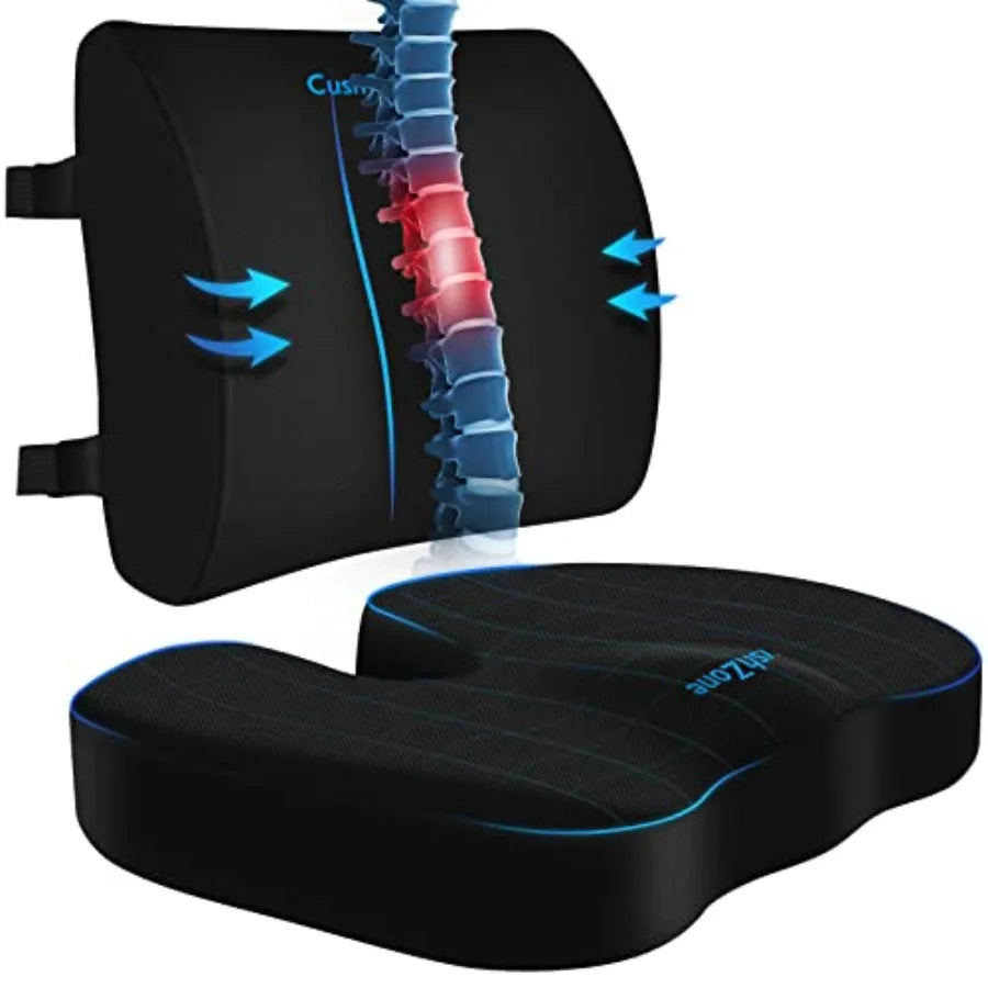 Ergonomic Memory Foam Seat Cushion & Lumbar Support Pillow Set – Non-Slip Back and Hip Support for Office Chair, Car & Home