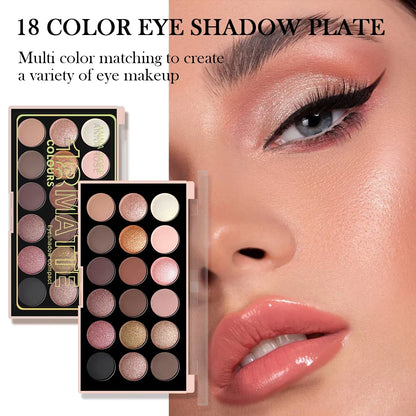 18-Color Earth Tone Eyeshadow Palette, Matte, Pearlescent, Fine Shimmer & Glitter Finishes, Long-Lasting Eye Makeup