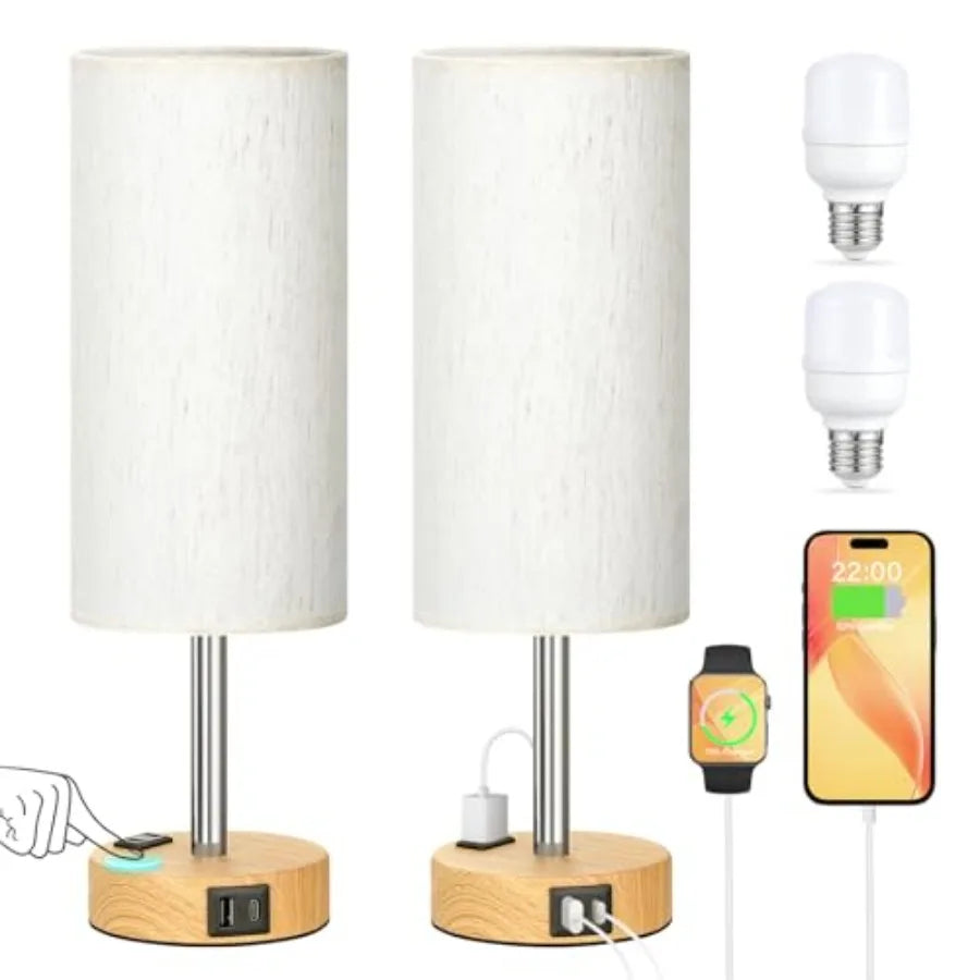 Touch Bedside Table Lamps Set of 2, 3-Way Dimmable Small Nightstand Lamps with USB-A and USB-C Charging Ports for Bedroom