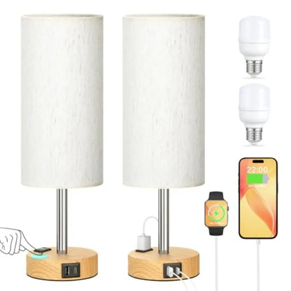 Touch Bedside Table Lamps Set of 2, 3-Way Dimmable Small Nightstand Lamps with USB-A and USB-C Charging Ports for Bedroom