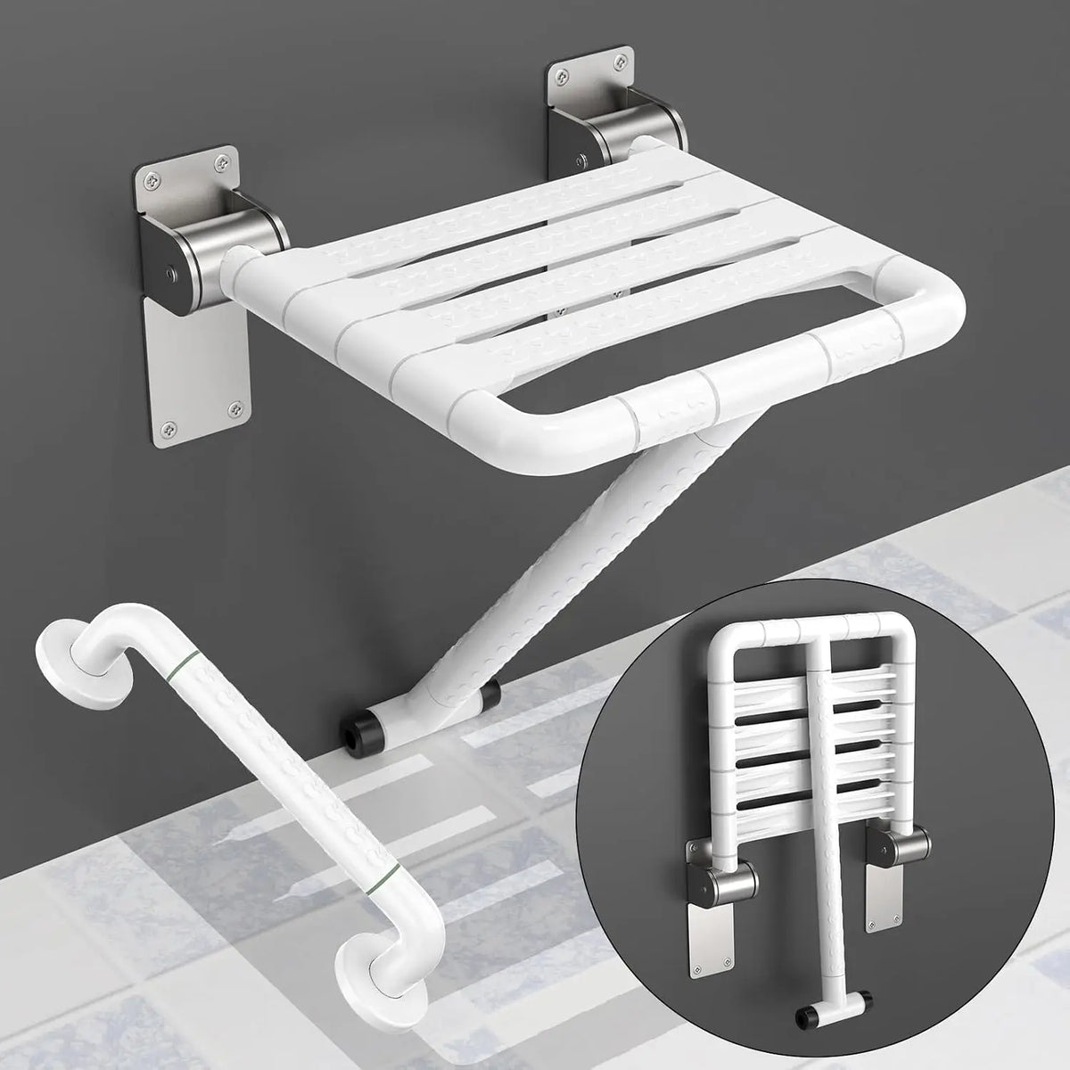 Wall-Mounted Folding Shower Seat with Assist Grab Bar – Space-Saving Bathroom Safety Bench, White