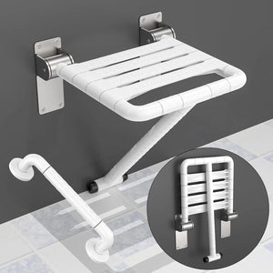 Wall-Mounted Folding Shower Seat with Assist Grab Bar – Space-Saving Bathroom Safety Bench, White