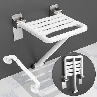 Wall-Mounted Folding Shower Seat with Assist Grab Bar – Space-Saving Bathroom Safety Bench, White