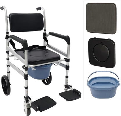3-in-1 Foldable Shower Commode Wheelchair – Height Adjustable Toilet Chair with Locking Wheels, 330 lbs Capacity