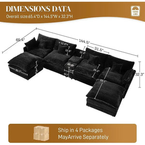 145-Inch Oversized U-Shaped Cloud Sectional Sofa – Plush Corduroy Deep Seat Modular Couch for Living Room, Jet Black
