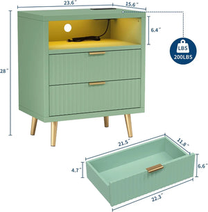 2-Drawer Nightstand with Charging Station & LED Light, 2 USB-A Ports, AC Outlet, Open Shelf & Fluted Drawers for Bedroom