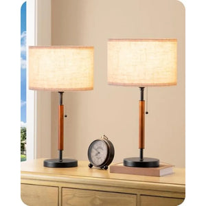 Mid-Century Table Lamps Set of 2, Pull Chain Switch, Linen Shade, Solid Wood Pole and Metal Base, Bedside Nightstand Lighting
