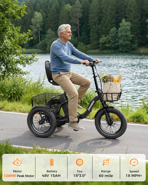 1200W Folding Electric Tricycle for Adults, 748.8Wh Removable Battery, 18"×3" Fat Tires, Step-Through, Up to 60-Mile Range