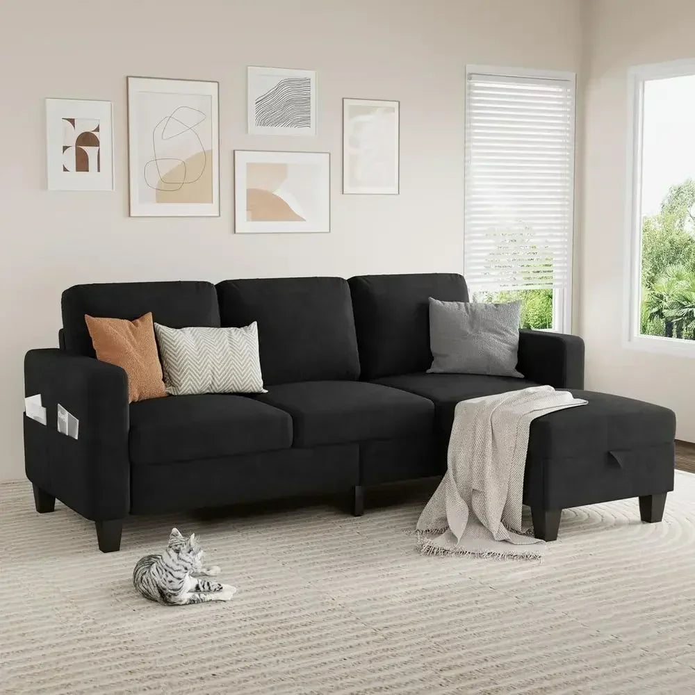 78-Inch L-Shaped Sectional Sofa – 3-Seat Black Velvet Couch with Convertible Ottoman for Living Room & Small Spaces