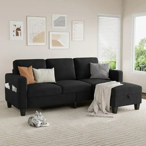 78-Inch L-Shaped Sectional Sofa – 3-Seat Black Velvet Couch with Convertible Ottoman for Living Room & Small Spaces