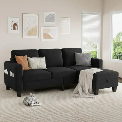 78-Inch L-Shaped Sectional Sofa – 3-Seat Black Velvet Couch with Convertible Ottoman for Living Room & Small Spaces