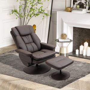 PU Leather Swivel Recliner Chair with Ottoman, Upholstered Reclining Lounge Chair with Footrest & Wrapped Base – Brown