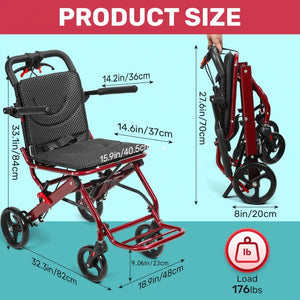 Lightweight Foldable Transport Wheelchair – 18.5 lbs Portable Travel Chair with 8" Rear Wheels for Adults