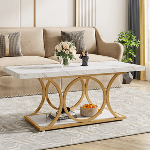 47.24" Rectangle Coffee Table with 2-Tier Storage, Faux Marble Wood Center Table for Living Room