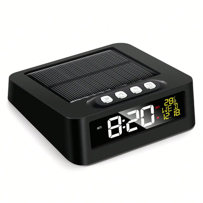 Solar Powered Car Digital Clock with Anti-Drowsiness Driving Reminder, Thermometer, LED Night Light, 6 Alarm Modes & USB Charging