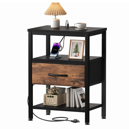 Nightstand with Fabric Drawer, LED Light Strip & Charging Station – Bedside End Table with Storage Cabinet