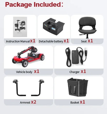 4-Wheel Foldable Electric Mobility Scooter for Adults, 20Ah Battery, 360° Swivel Seat, Solid Tires, Red