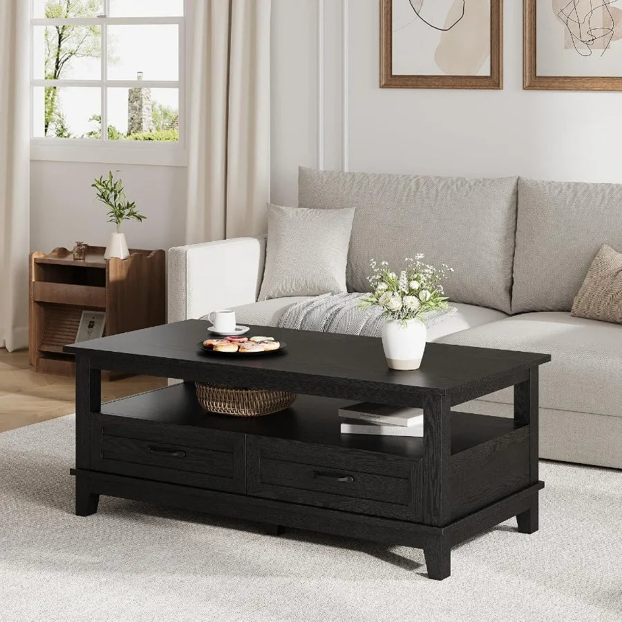 47" Farmhouse Coffee Table with 2 Drawers & Open Storage Shelf, Rustic Wood Center Table for Living Room