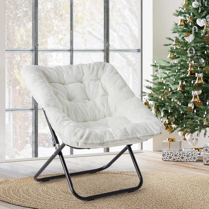 28-Inch Folding Saucer Chair – Soft Faux Fur Padded Lounge Reading Chair with Metal Frame for Living Room