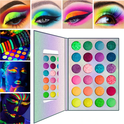24-Color Rainbow Neon Eyeshadow Palette, UV Blacklight Glow, Matte Shimmer & Glitter, Highly Pigmented Waterproof Eye Makeup