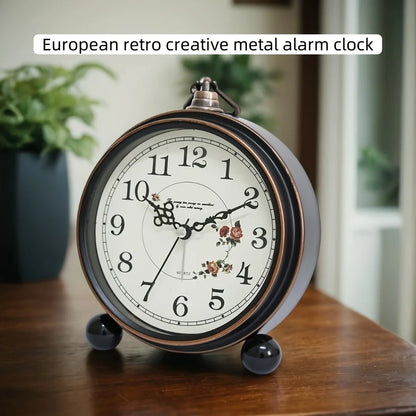 Retro Metal Analog Alarm Clock with Large Numbers, Silent Non-Ticking Movement, Vintage Bedside Table Clock for Bedroom