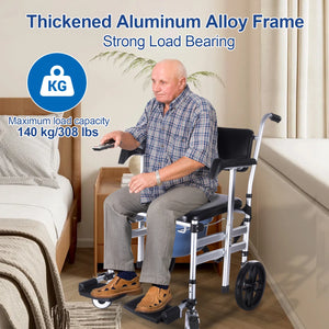 3-in-1 Folding Rolling Shower Commode Chair – Lightweight Wheelchair with Locking Wheels, Padded Arms & Removable Bucket
