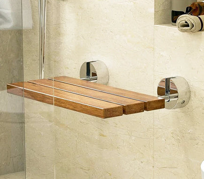 20" Teak Wood Wall-Mounted Folding Shower Seat – Fold-Down Bathroom Bench, 34 × 51 cm